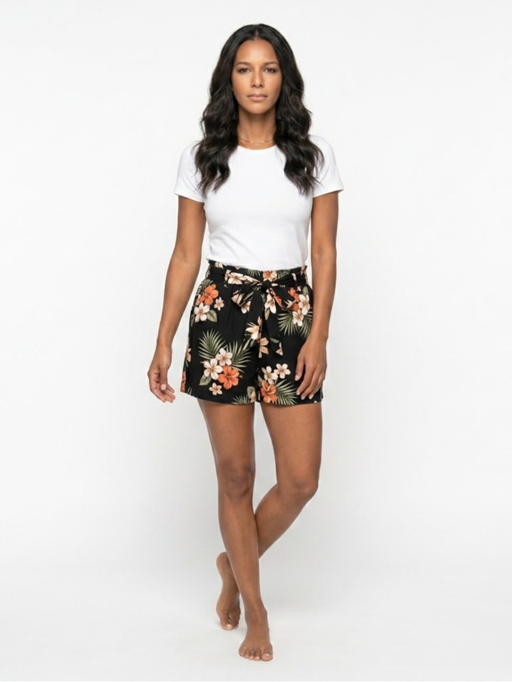 NYCC Women’s Shorts Black Ivory Orange Floral Print Elastic Waist Sz L